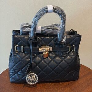 Badgley Mischka  Satchel crossbody bag  vegan  quilted black  gold tone lock/key